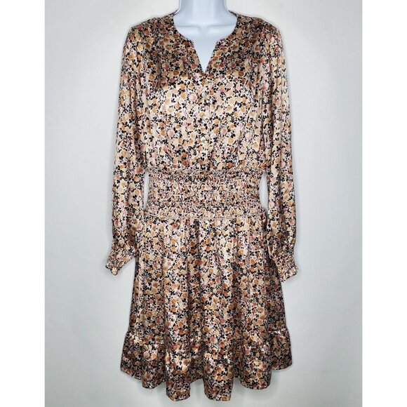Fig & Flower Womens Silky Floral Long Sleeve Smocked Waist Dress XL S Slit Neck - Picture 1 of 12